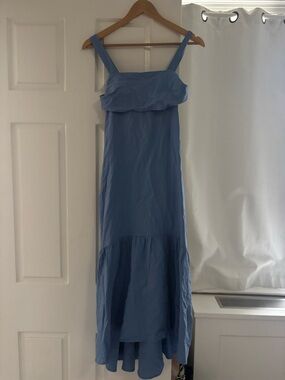 Light Blue Sleeveless Linen Maxi Dress with Ruffles Argentinian